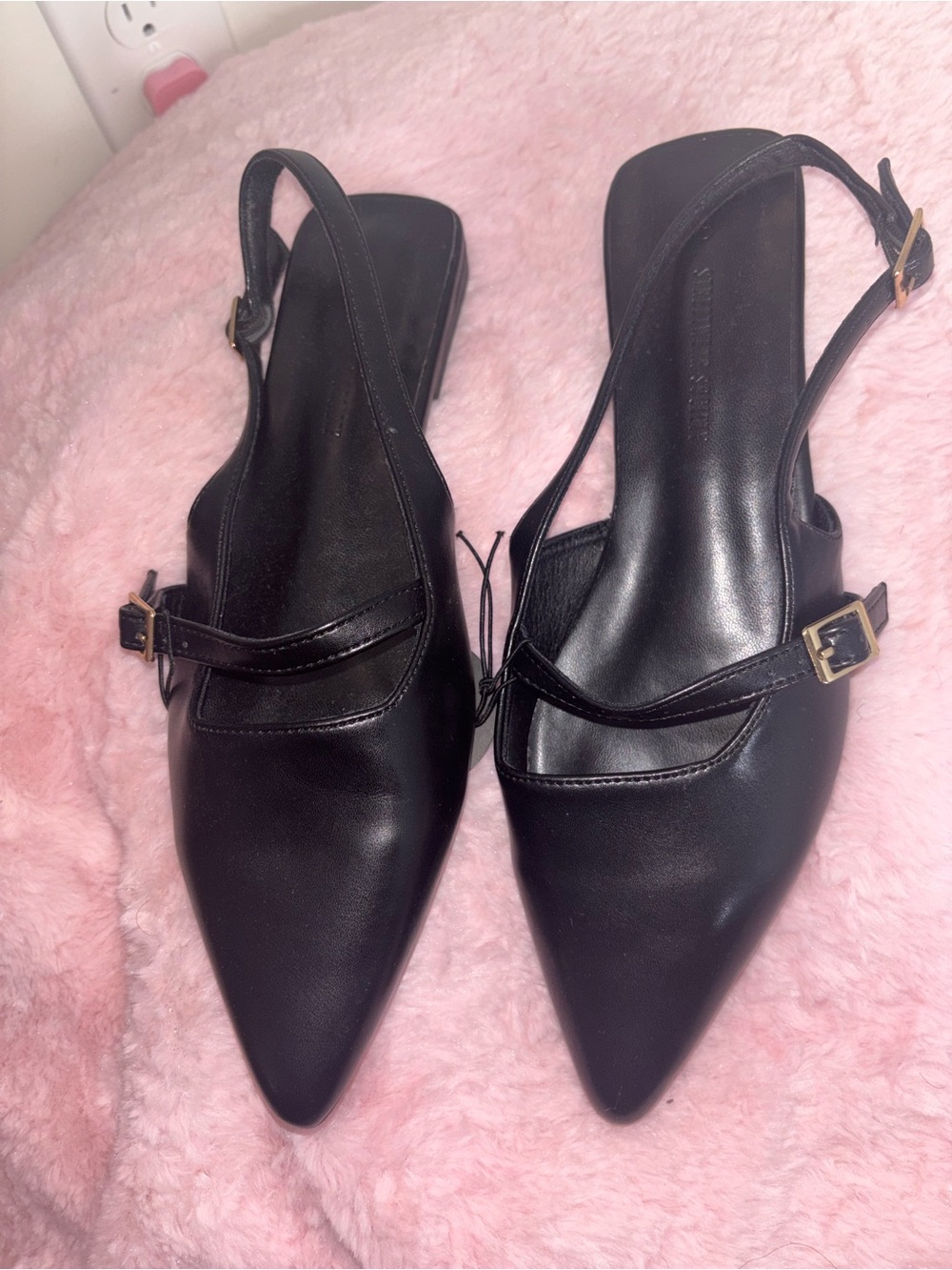 Streetwear Society Black Pointed Slingback Mules with Gold Buckles